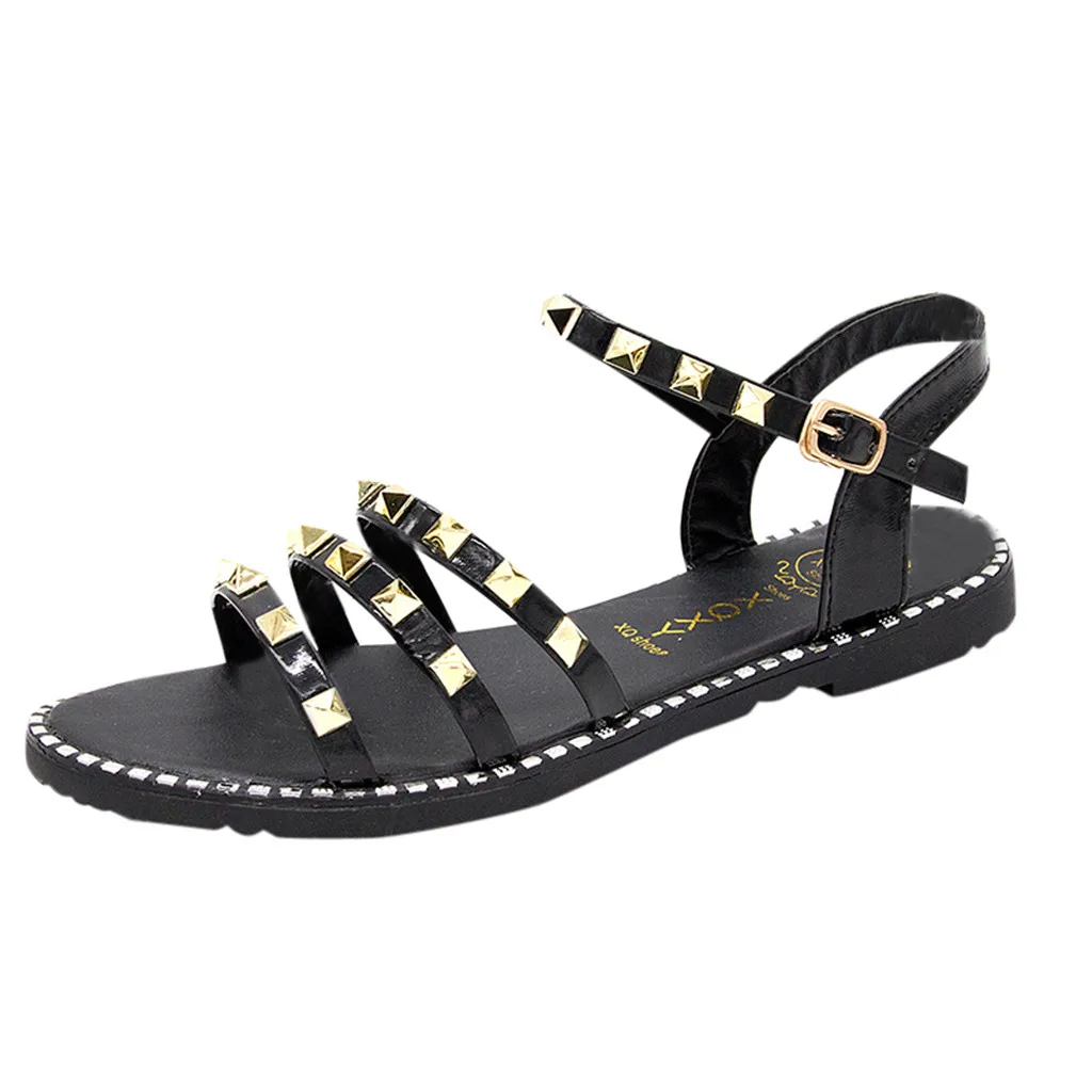 Г., женские летние сандалии с шипами zandalias Женская Повседневная однотонная пляжная обувь на плоской подошве простые женские босоножки sandale - Цвет: Black