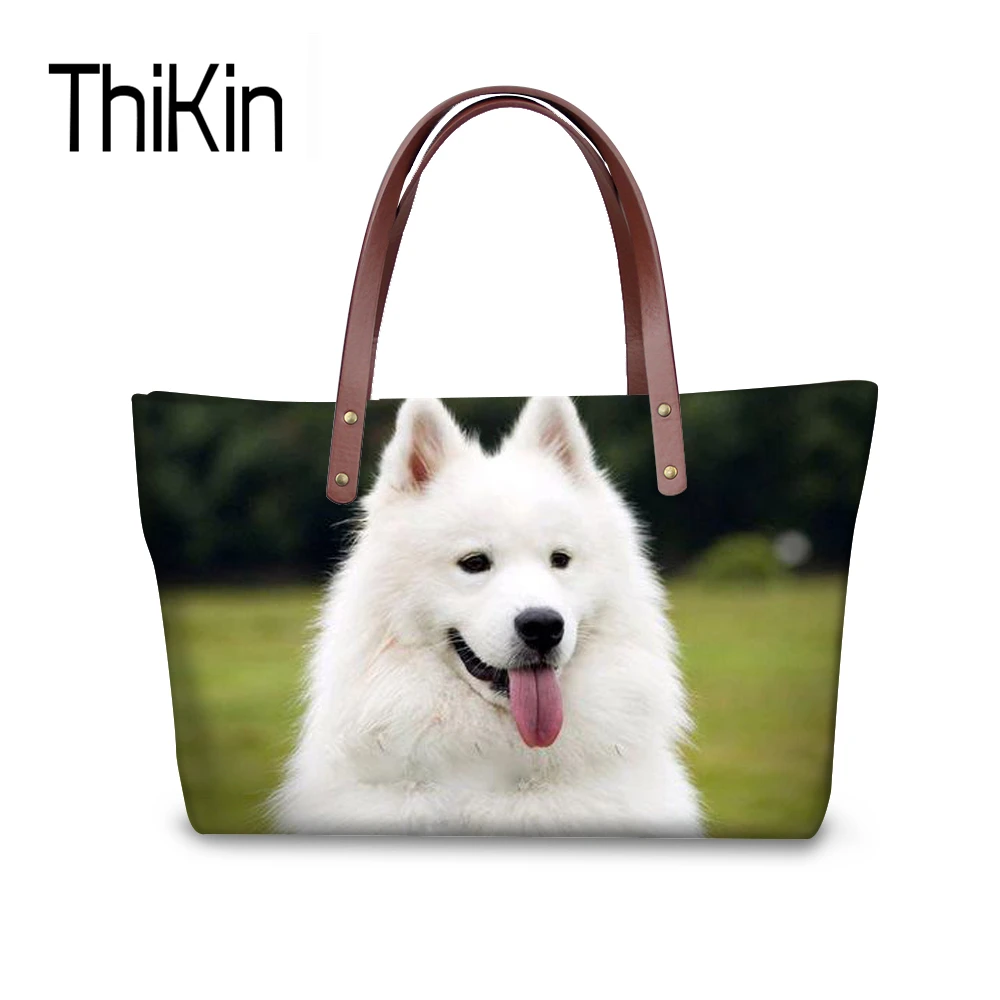 THIKIN Women Shoulder Handbag 3D Samoyed Dog Print Laies Girls Top-handle Bags Casual Female Animal Bag Large Beach Shoes Bag