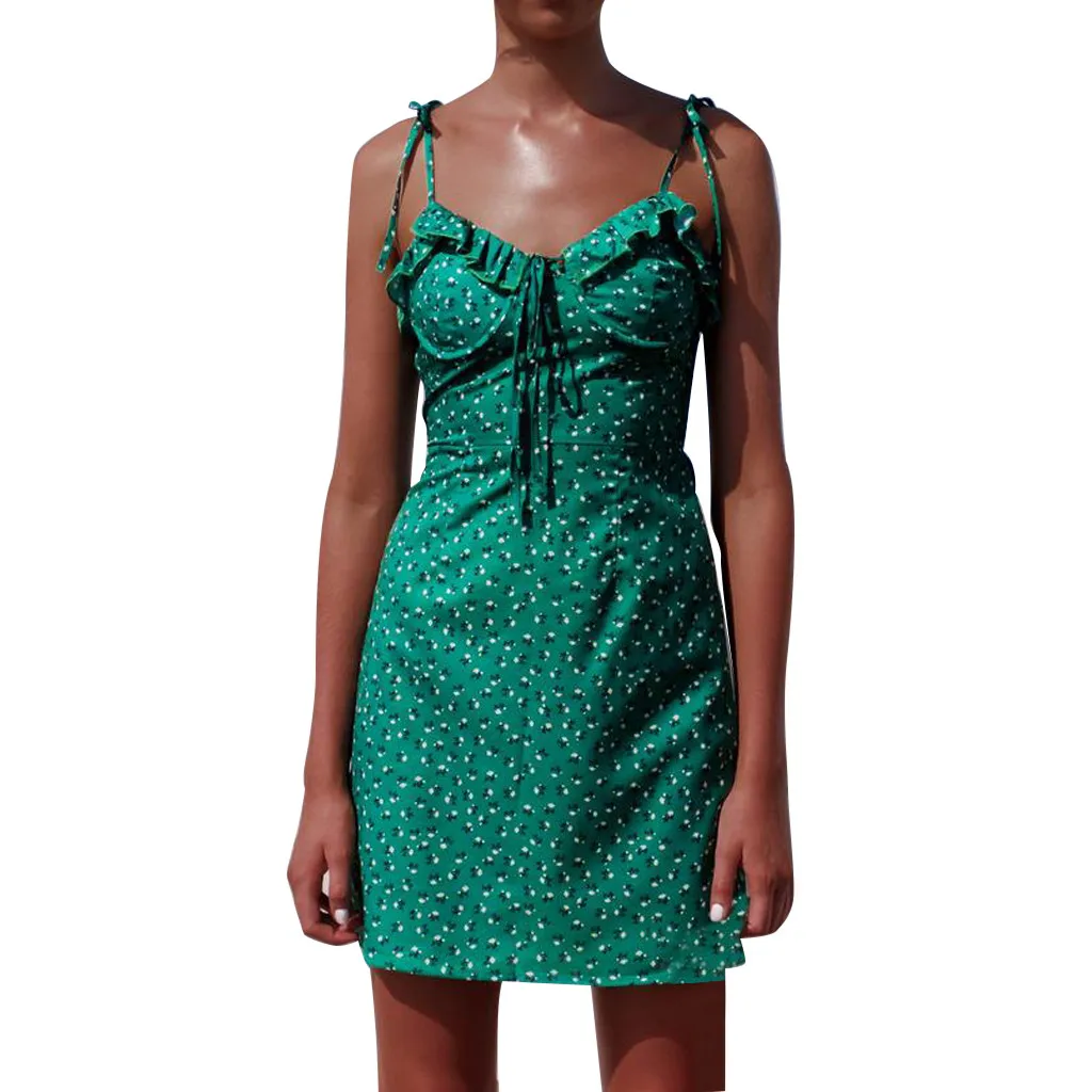 

Fashion Women Lace Up Sleeveless Off Shoulder Ruch Floral Print Strap Mini Dress Polka dot vintage tight and comfortable