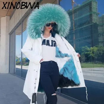 

Europe New Women Winter Loose Large Natural Fur Raccoon Hooded Removable Fox Fur Liner Jackets Female Thick Warm Coats Parkas