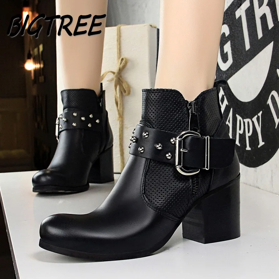 BIGTREE Winter Women Ankle Boots Woman Round Toe Square heel Shoes Female Buckle Rome Metal Rivet Knight Motorcycle Short | Обувь