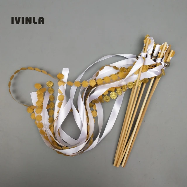 30pcs/ Gold And White Wedding Ribbon Wands With Gold Bell Ribbon Twirling  Streamers Wedding Ribbon Stick - Banners, Streamers & Confetti - AliExpress