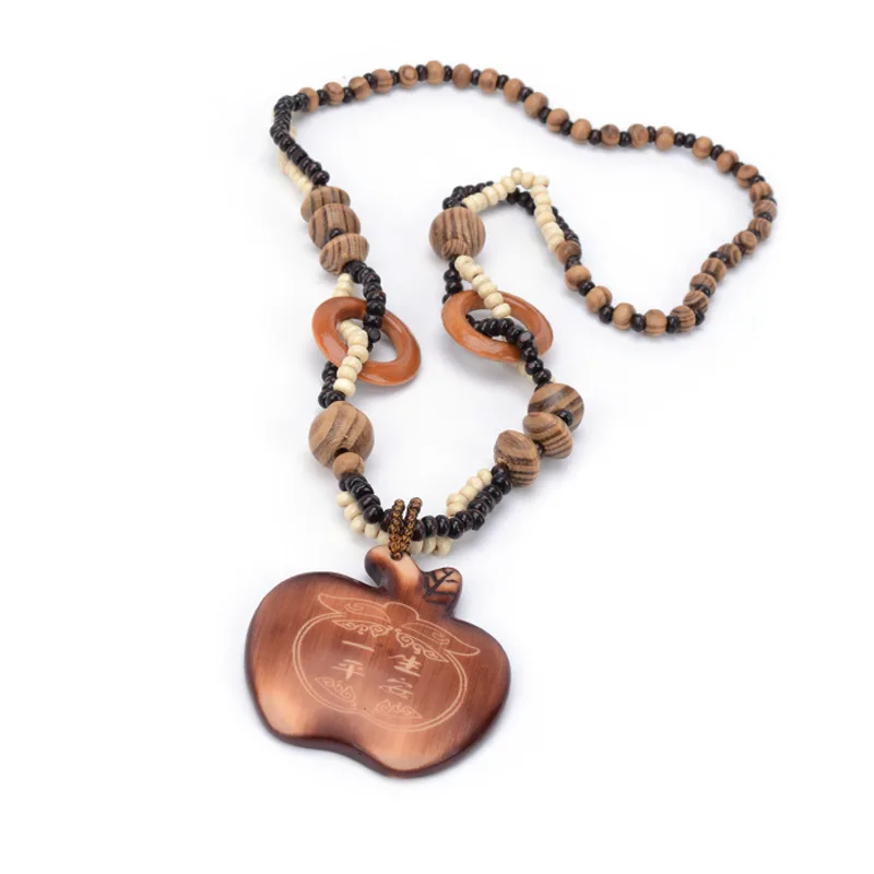 

Vintage Wood Hand Carved Apple A life peaceful Long Sweater Pendant Necklace for Women Jewelry Lovers' Valentine Gift