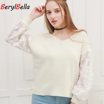 

Women New Spring Autumn Flowers Puff Sleeve Women's Knitwear Chiffion Loose Sexy Sweater Pullovers Jumper Knitted Sweater