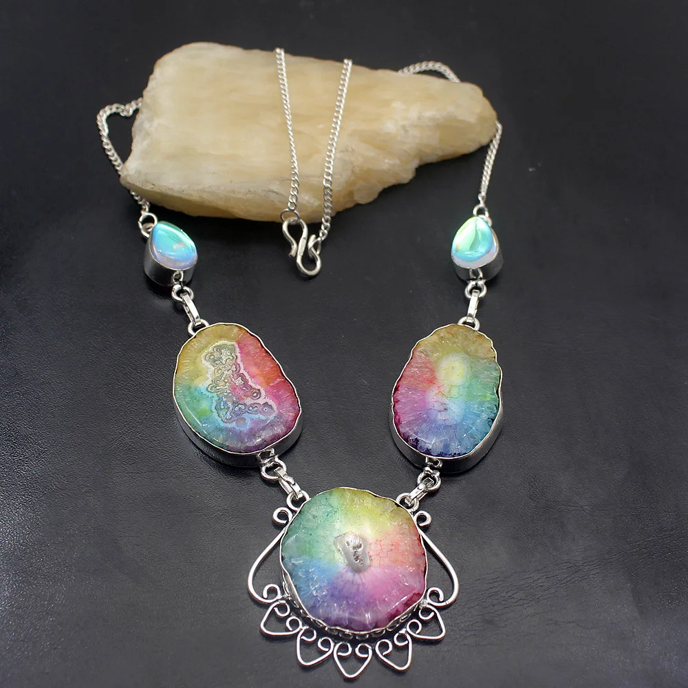 

Gorgeous Natural Solar Quartz Topaz925 Sterling Silver Unique Pendant Necklace 18 inch TF734
