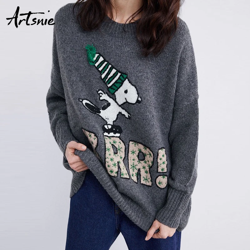 

Artsnie Gray Cartoon Embroidery Knitted Sweaters Women Spring 2019 O Neck Pull Femme Casual Long Sweaters Female Winter Jumper