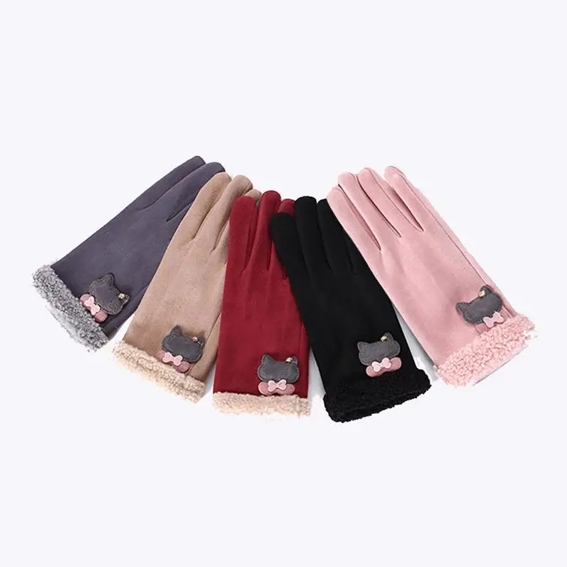 

MISS M Winter Warm Gloves For Women Windproof Cat Applique Touch Screen Plush Gloves Fashion Solid Color Faux Fur Gloves Female