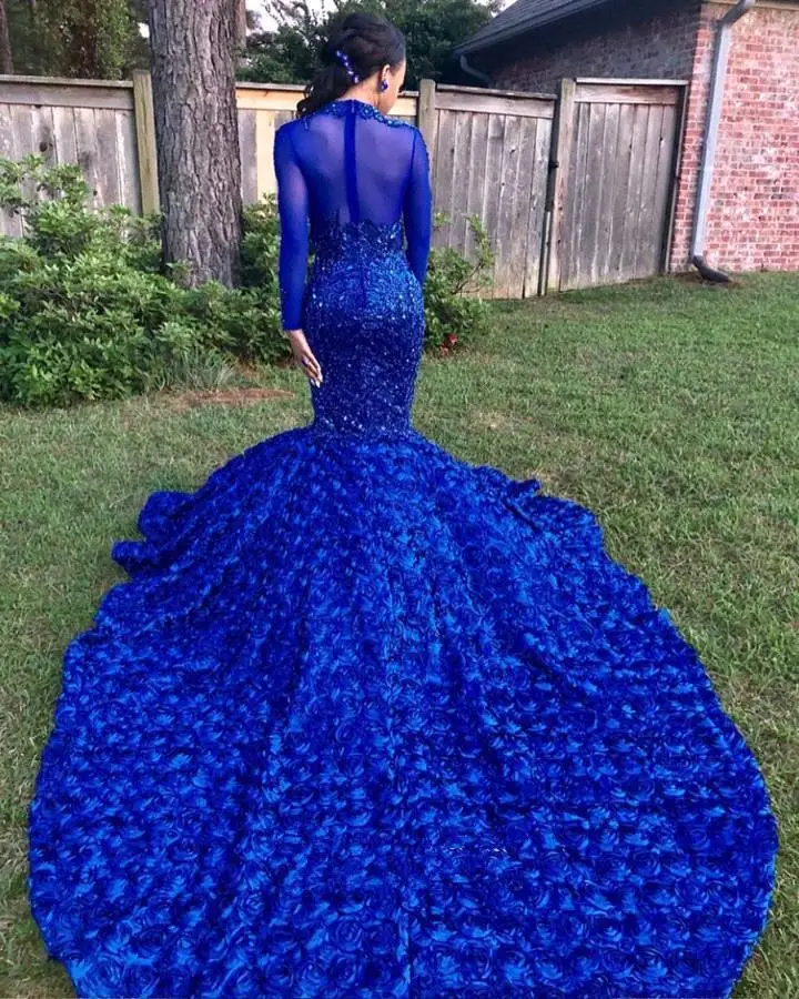 Настоящая фотография, новинка, королевское синее платье русалки для выпускного вечера, 2K19, высокий ворот, длинный рукав, аппликация, зимнее торжественное платье, вечерние платья