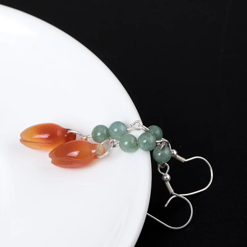 Женские серьги из серебра 100% пробы с натуральным нефритом и изумрудом|earrings