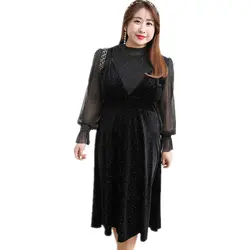 платье двойка комплекты одежды для женщин блузка сетка и бархатное бандажное платье черное в пол рукава фонари стоячий воротник новинки 2019