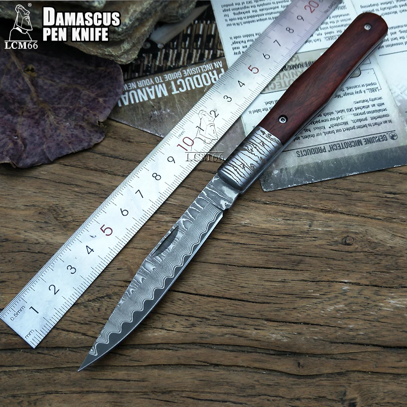 LCM66 Дамаск Сталь складной нож ручной кованые нож охотничий нож 60HRC Ebony справиться с Портативный нож инструменты Sharp