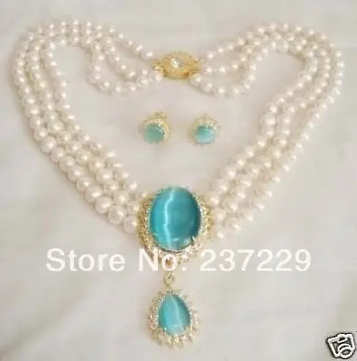 

Wholesale price Fast shipping + aBeautiful white pearl necklace opal pendant earring set (A0516)