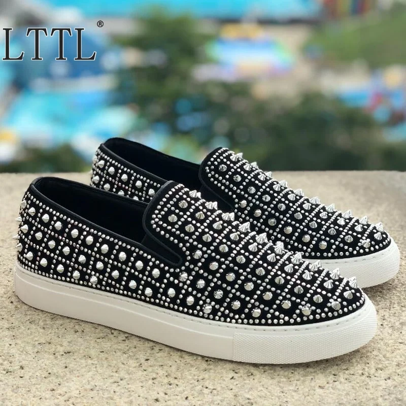 LTTL Luxury Fashion Suede Loafers Men Slip On Rivets Sneakers Casual Men's Flats Rhinestone Mens Dress Shoes Spikes Trainers