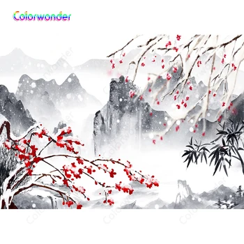 

Colorwonder Ink Painting Photo Background 7x5ft Red Plum Blossom Black Mountains with Snow Backdrop for Photo Booth Studio Props