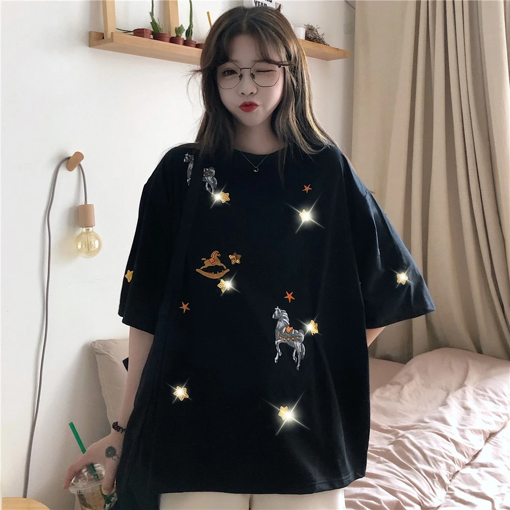 

Summer cotton t-shirt women's Harajuku fashion cartoon pony embroidery sequins decorative t-shirt college street trend t-shirt