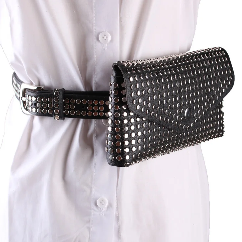 

Women Waist Bag Belt Fanny Pack Leather Punk Style Rivets Ladies Fashion Fanny Packs Black Luxury Handbags Women Bags Designer