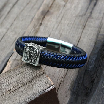 

men Black with blue Braided Leather Cuff 100% Genuine Leather Bangles Archangel St.Michael Bracelet Fashion punk jewelry