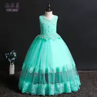 Elegant Children Long Dress for Girls 4 6 8 10 to 12 14 Years Flower Embroidery Green White Lace Party Dresses Kids Costume 1A5A
