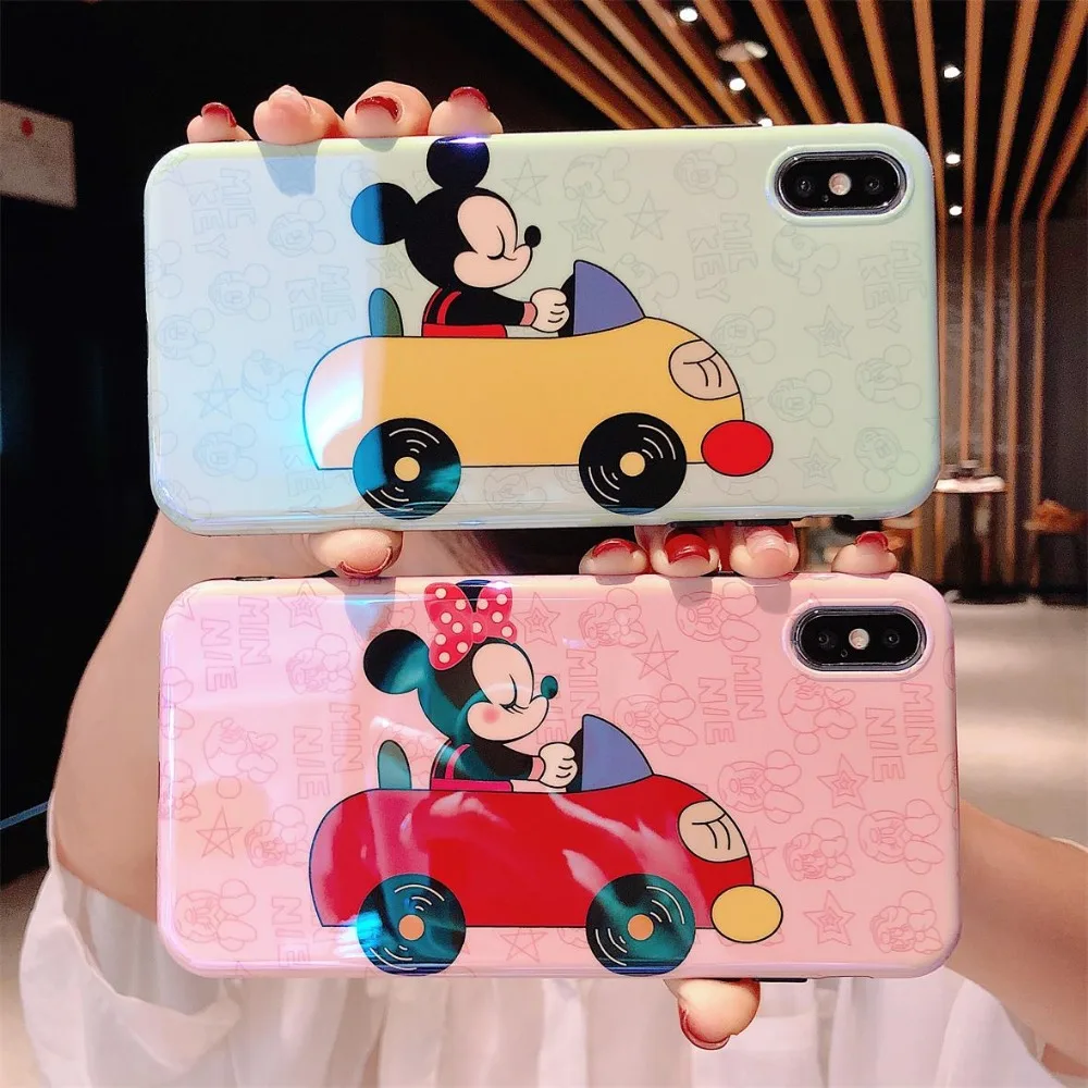 

Blu-Ray Soft Case Animated Cartoon Mickey Minnie Driving a car Phone Case For iphone 7 case 6 6s 8plus X XR XS MAX