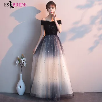 

Black Evening Dress Luxury Slive Starry Sky Special Occasion Dresses Sexy Boat- Neck Backless Formal Dress Women Elegant ES1968