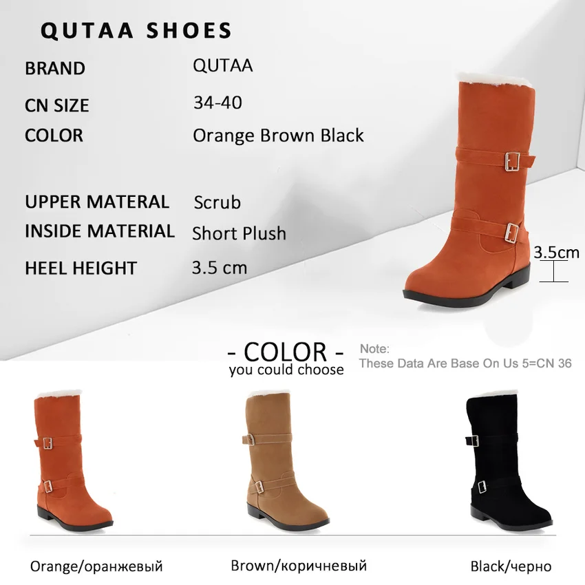 QUTAA Scrub Fashion Round Toe Casual Mid Calf Boots Buckle Comfort Low Heel Winter Warm Fur Orange Women Shoes Size 34-40