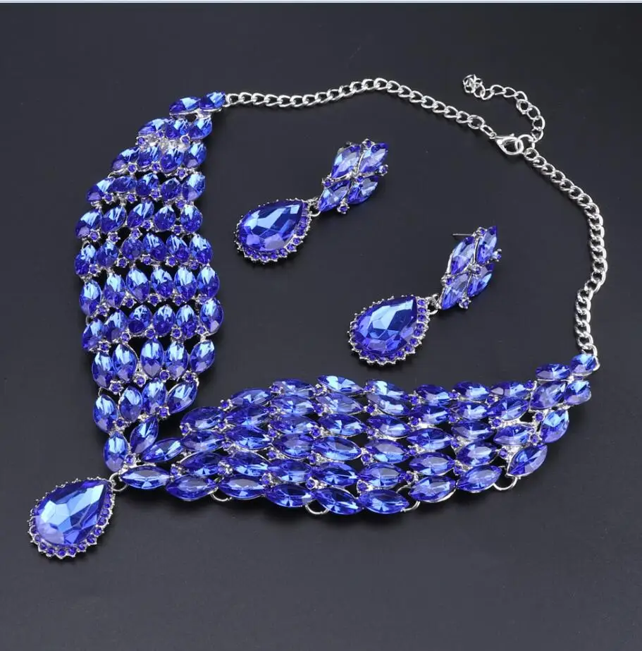 Мода Кристалл себе ожерелье серьги набор индийские свадебные ювелирные комплекты для невест Свадебный костюм ювелирные изделия для женщин - Окраска металла: blue