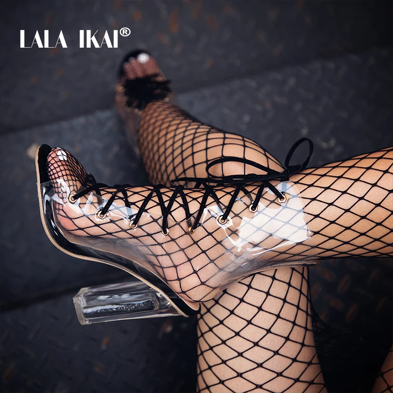 

LALA IKAI PVC Shoes Women Sexy Transparent Vinyl Cross-Tied Peep Toe Bling Square Heel Ladies Sandals With Heels 014C2069 -49