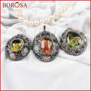 

BOROSA Oval Silver Color Natural Phantom Quartz & Multi-Kind Stones Pendant Bead Paved Zircons J227