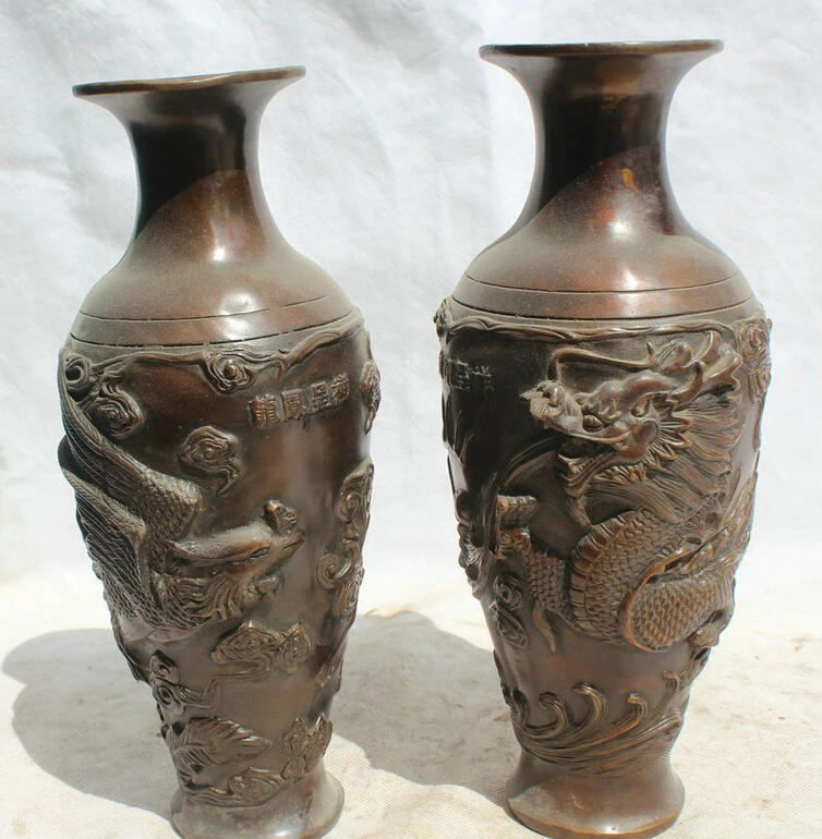 

song voge gem S1875 10" Marked Chinese Dynasty palace Bronze dragon phoenix flower Bottle Vase Pair