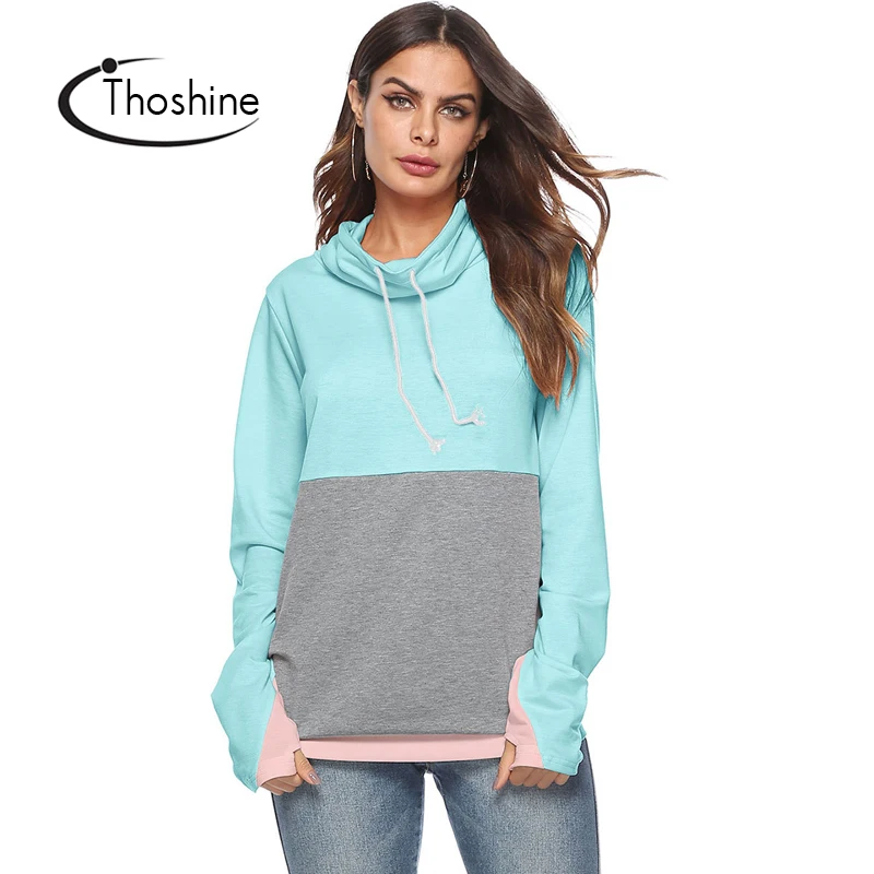 Thoshine Brand Autumn Style Women Heap Collar Tie Hoodies Patchwork