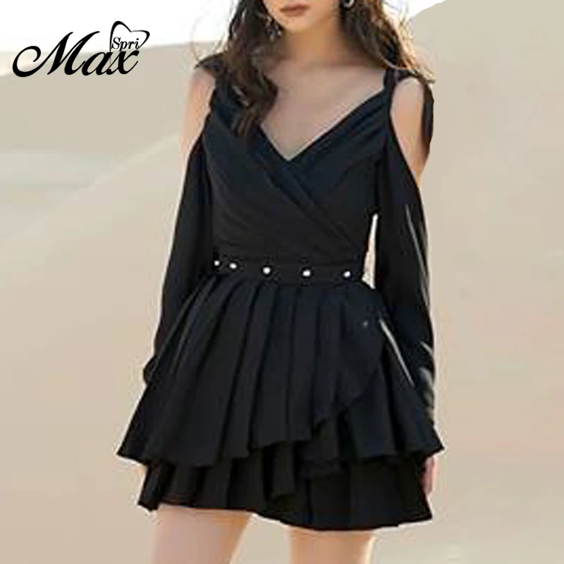 

Max Spri 2019 New Sexy 2 Pieces Sets Strap Long Sleeve V Neck Hollow Out Shirt Ruffle Pearl Mini Skirt Party Dress Lady Fashion