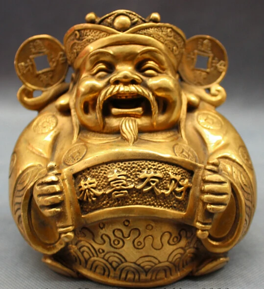

JP S0114 China Chinese Brass Buddhism Wealth Coin Happy Mammon God Statue Sculpture