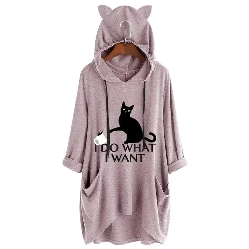 Comprar Sudaderas con capucha de talla grande para mujer I Do What I Want letra estampado gato y taza patrón con orejas bolsillo sudadera de gran tamaño otoño Kawaii Pullover