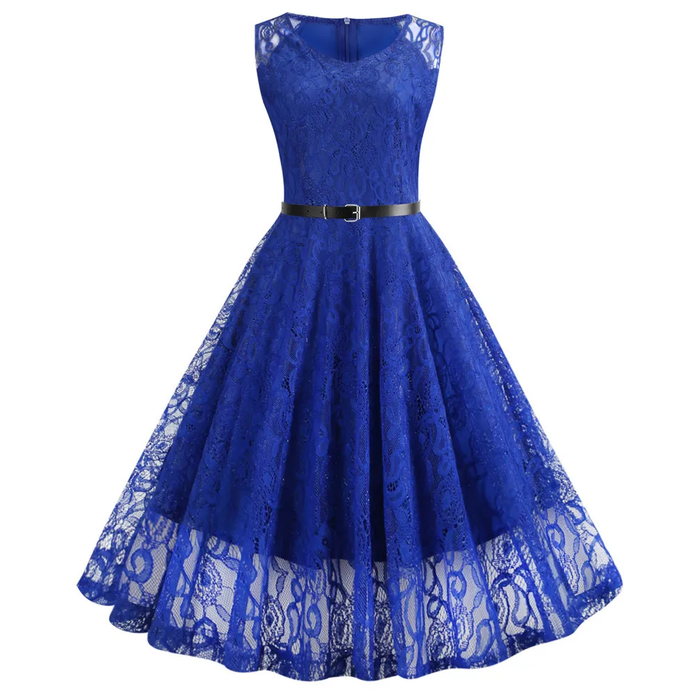 

Women V Neck Sleeveless Belt Sim Swing Floral Lace Dress Vintage Sexy Party Dresses Vestido de festa
