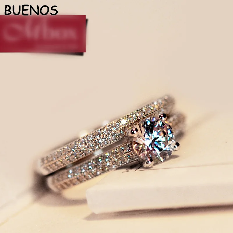

BUENOS Luxury Female White Bridal Wedding Ring Set Fashion Silver Filled Jewelry Promise CZ Stone Engagement Rings For Women