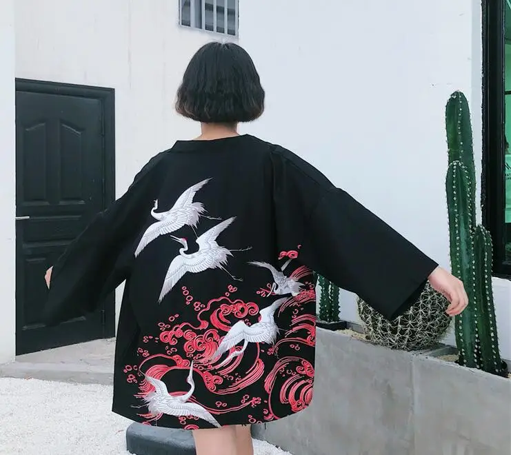 

Harajuku bf wind loose crane printing kimono shirt