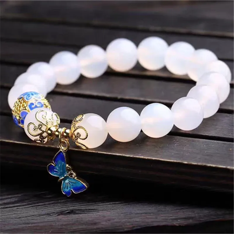 High Quantity 10mm beads White Agates natural stone bracelet women accessories metal butterfly pendant tasbih jewelry wholesale - Image 3