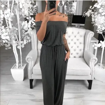 

Fashion 2019 Sexy Solid Color Square Neck Jumpsuit Women Summer Short Sleeve Loose Romper Female Casual Long Overalls