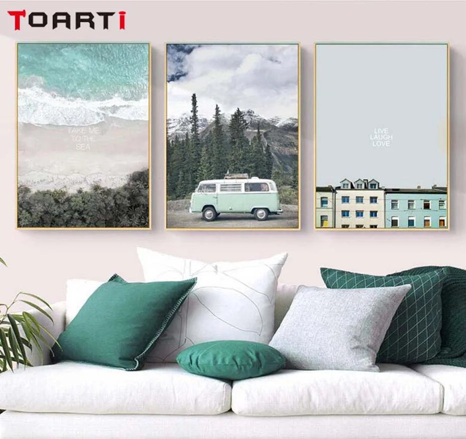 

Scandinavian Style Tour Bus Canvas Wall Art Poster Print Nordic Painting Natural Landscape Pictures Foe Modern Room Home Decor