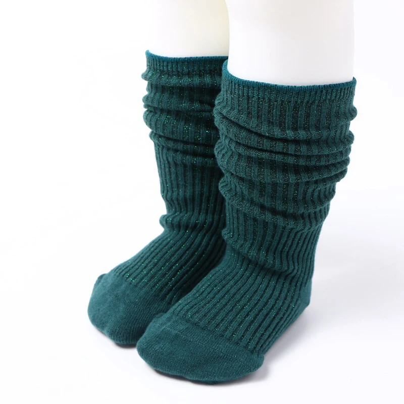 Осенне-зимние винтажные удобные носки для От 1 до 15 лет и девочек блестящие детские однотонные теплые хлопчатобумажная с люрексом школьные гольфы для девочек, 6 цветов - Цвет: Зеленый