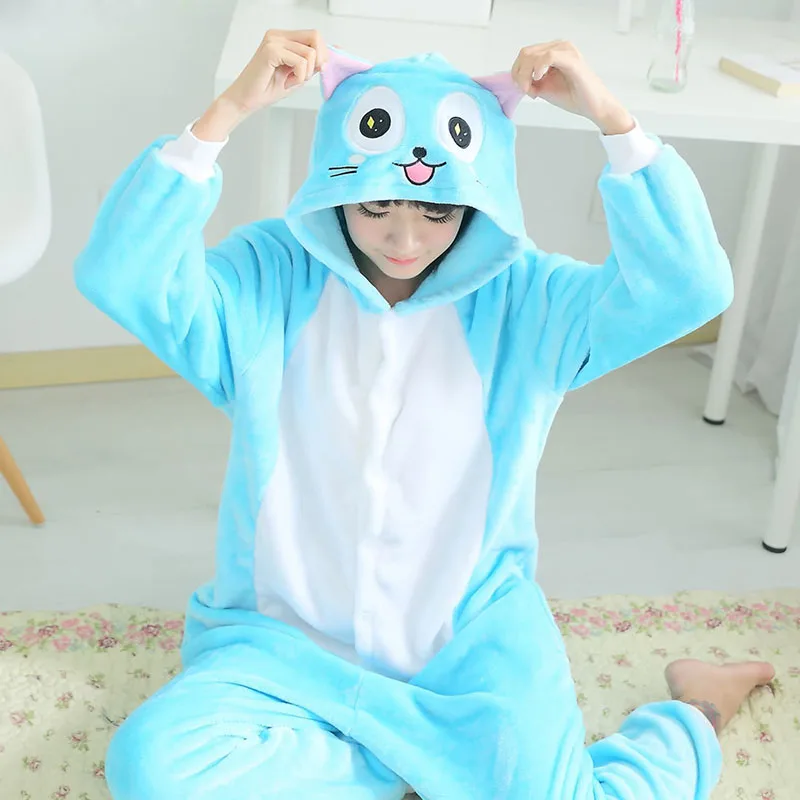 

High Quality unisex Adult Women Animal Fairy Tail Happy Cat Pajamas Sleepwear Kigurumi Pyjamas cartoon Winter Cosplay Cosplay