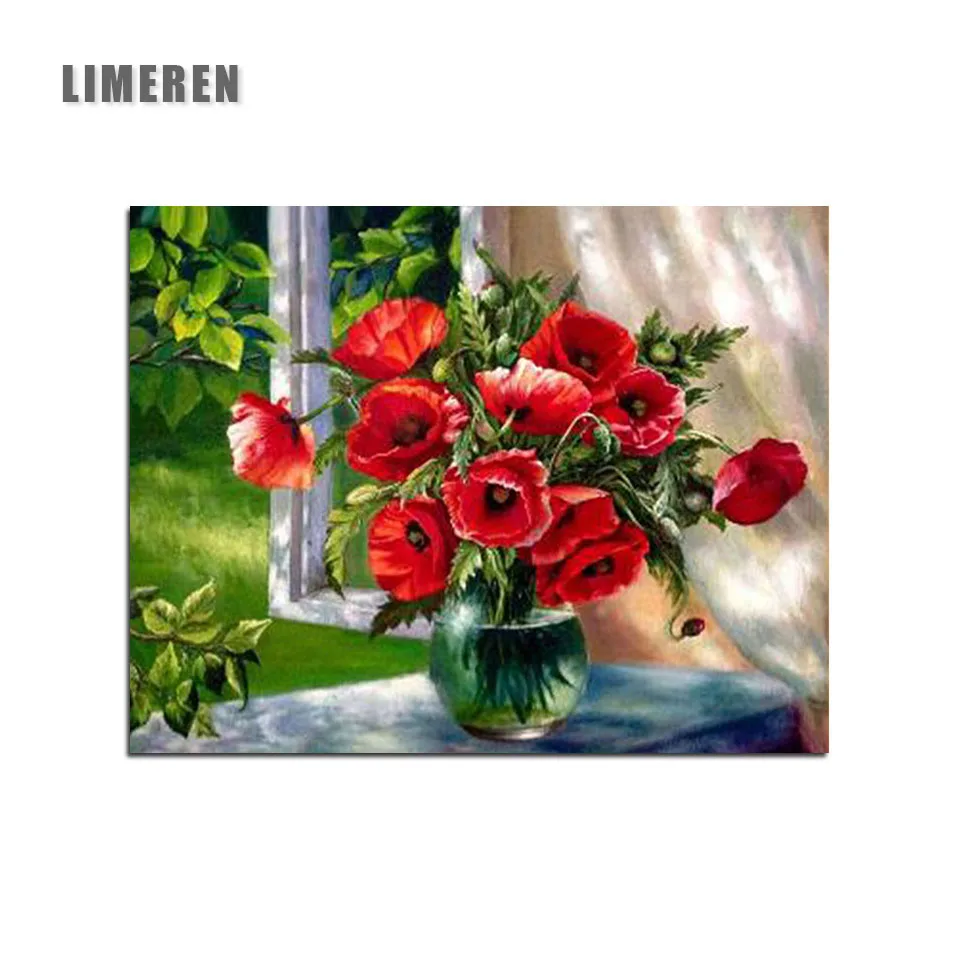 

Beautiful Red Flowers In Vase Picture DIY Oil Painting By Numbers On Canvas Coloring By Number For Adults Kids Hobby Home Decor