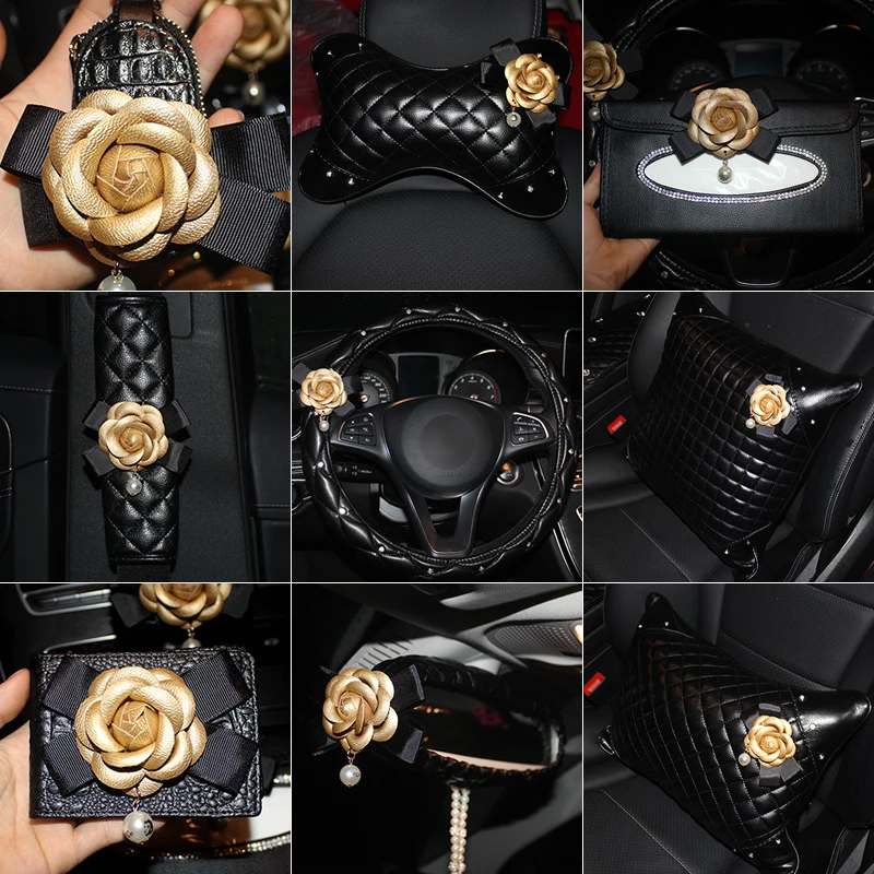 Camellia Flower Car Steering Wheel Cover Leather Fashion Car Neck Waist Pillow Universal Car Styling Headrest