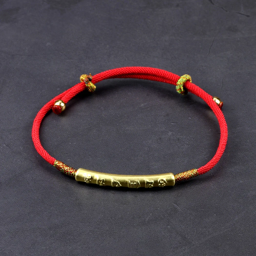 Серебро 999 пробы золотой цвет ручной работы тонкий красный браслет для женщин шесть слов выгравированы мантра молитва ювелирные изделия в стиле буддизма