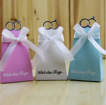

Wedding candy box diamond ring designed white blue pink ribbon bow paper wedding favor box gift box