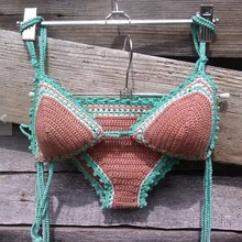 Сексуальная девушка женские хлопок повязку веревки вязаные крючком цветной край комплекты бикини купальники ручной работы купальник Вязание купальный костюм