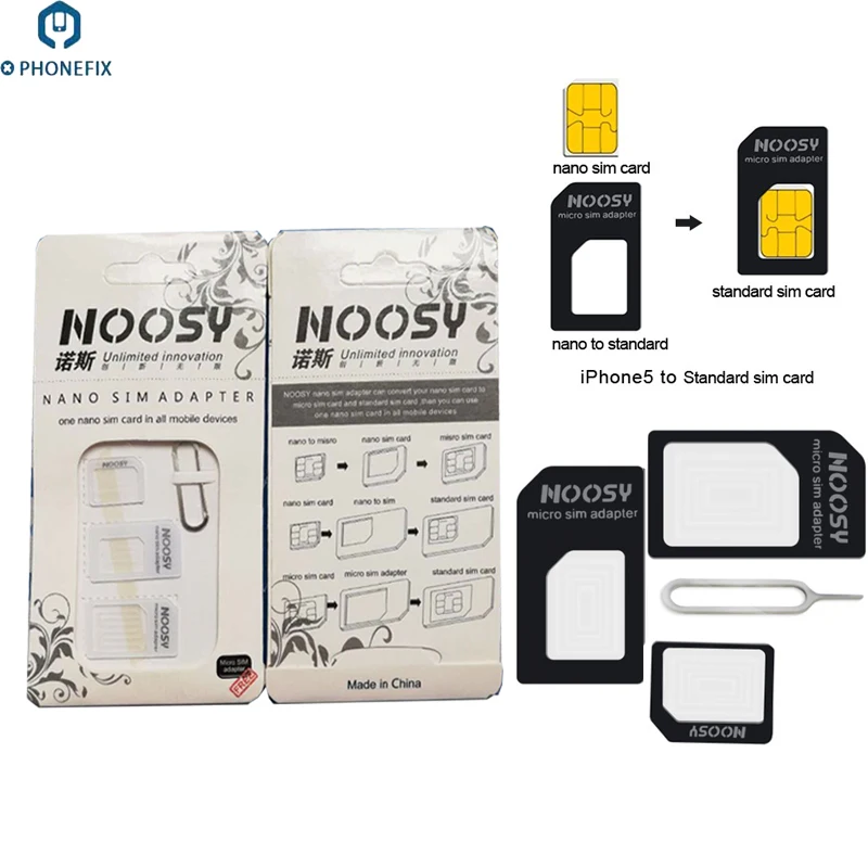 

PHONEFIX 4 IN 1 Noosy Nano SIM Card Adapter Micro SIM Adapters Ejector Pin Key For Iphone 5 6 6S 7 8 X Samsung