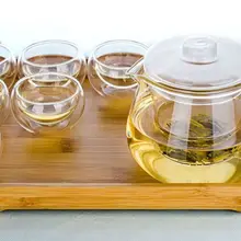 1х 8 в 1 чайный набор для кофе кунг-фу-485 мл термостойкий стеклянный чайник+ 6 чайных чашек с двойными стенками+ бамбуковый поднос Гонг-фу