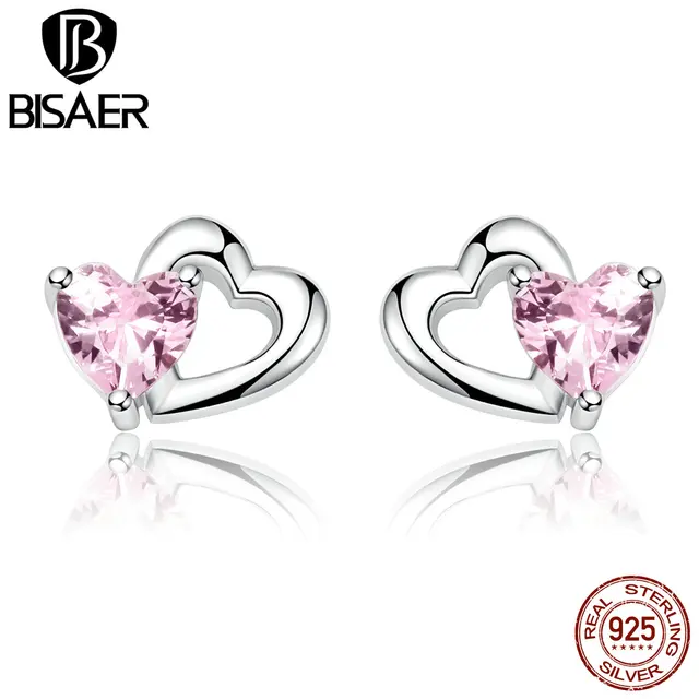 100 925 Sterling Silver Love Shape Shinning Pink Zircon 100 925 Sterling Silver Love Shape Shinning Pink Zircon Heart Stud Earrings Women Jewelry