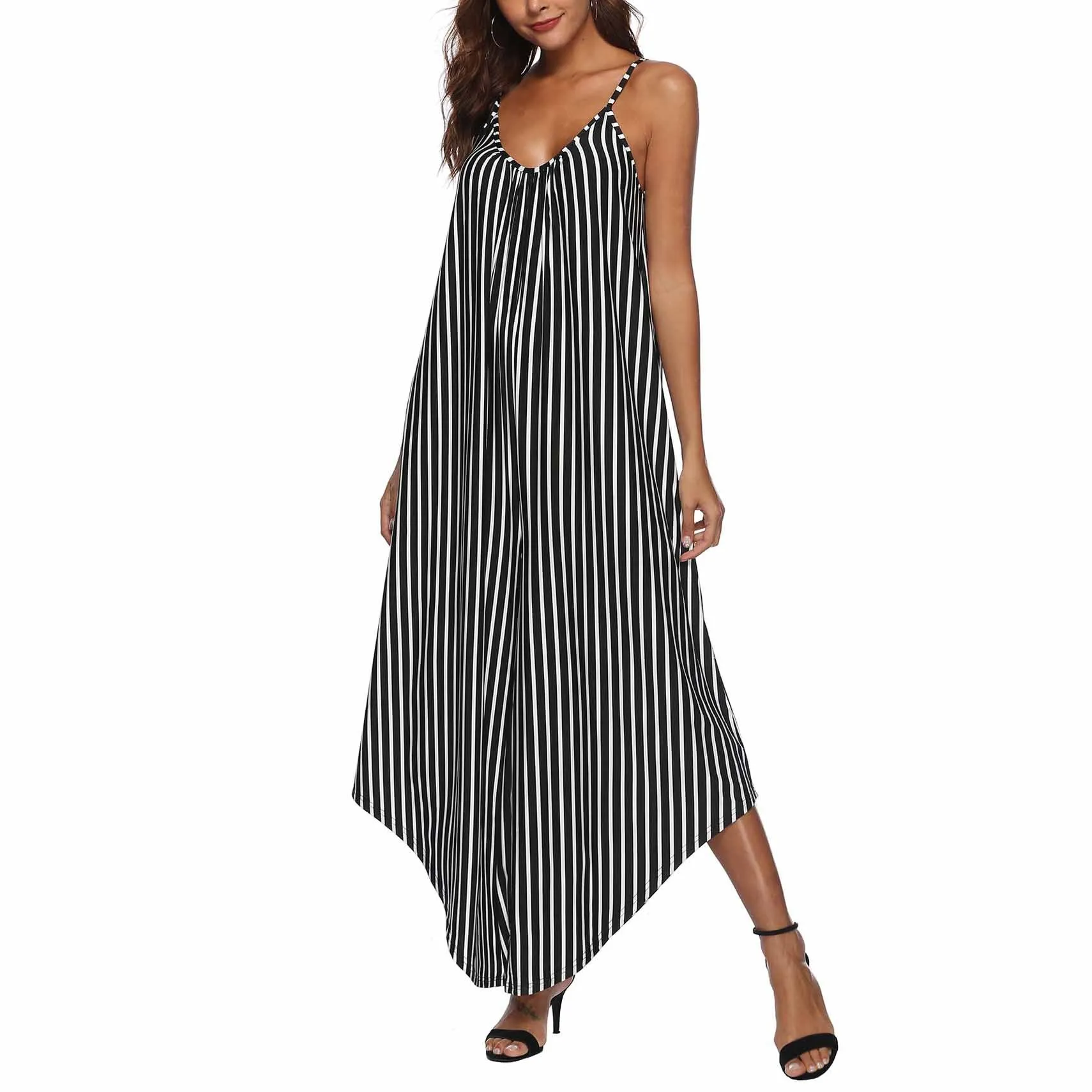 2019 Summer Women Striped Rompers Sexy Club Casual Spaghetti Strap Wide ...